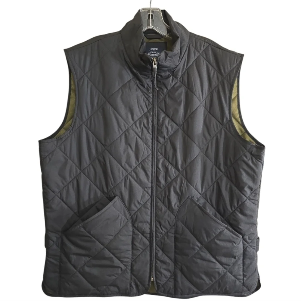 J. Crew Walker Quilted Navy Vest Men's Large Front Zip Pockets Adjustable Back